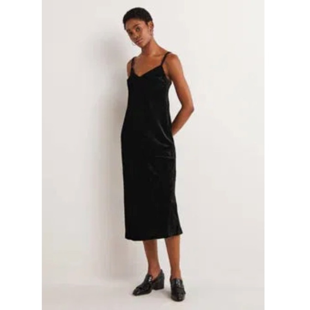 Boden Velvet Slip Midi Party Dress US 16/18R Black D0366 V-Neck Spaghetti Straps